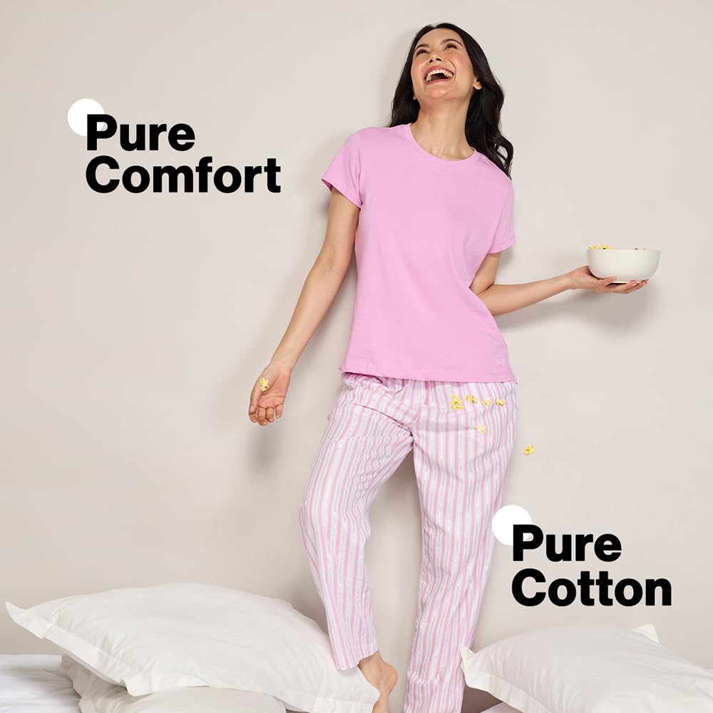 NYKD (NYS141 Striped Pure Cotton Pyjama Sleepwear Pants for Women | Relaxed Fit with Non-Slip Elasticated Waistband, Adjustable