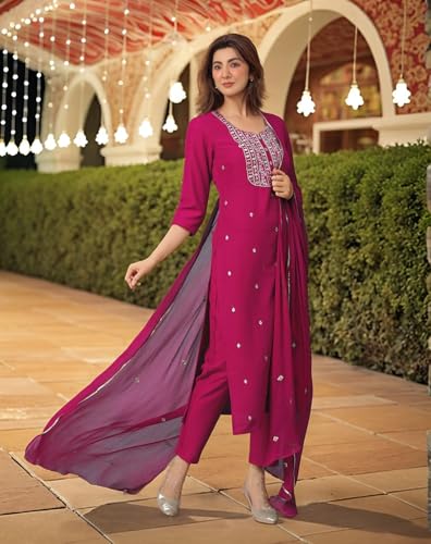 ANNI DESIGNER Women s Viscose Rayon Embroidered Straight Kurta with Trousers and Dupatta, Pink, 44