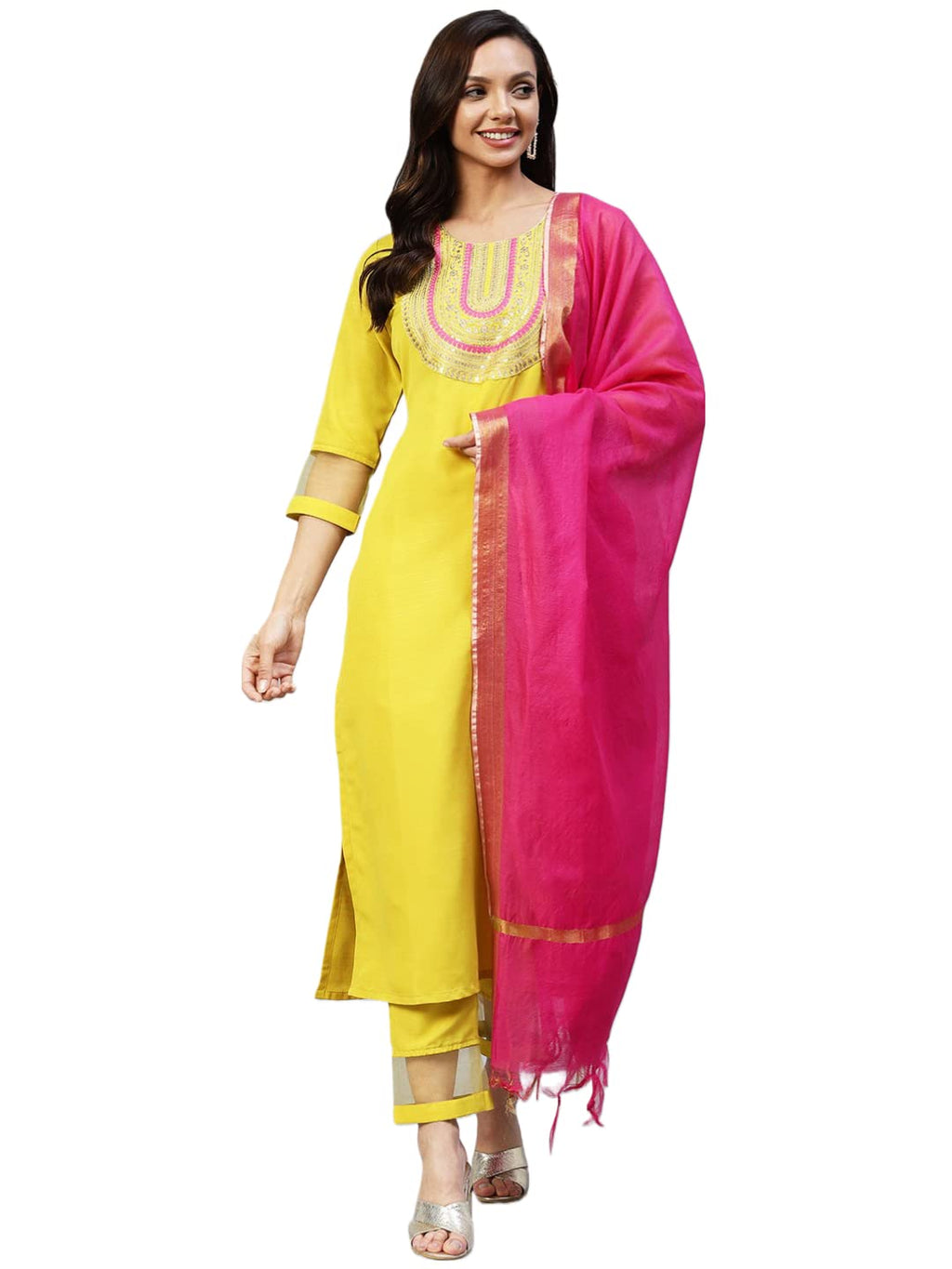 ANNI DESIGNER Women's Cotton Blend Embroidered Straight Kurta with Pant & Dupatta (TALPADE-YELLOW_S_Yellow_Small)