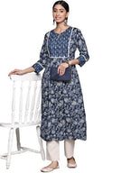 Anubhutee Women'S Cotton Navy Blue Mirror Work Floral Printed A-Line Kurta