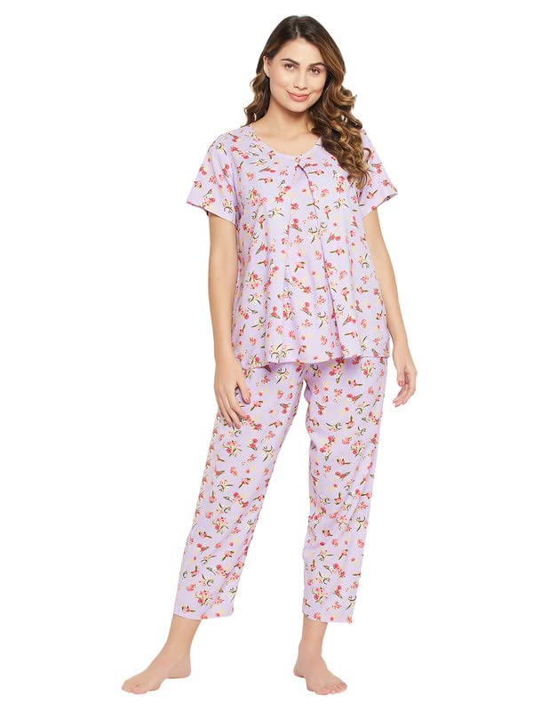 Clovia WomenS Rayon Pretty Florals Feeding Top & Pyjama Set In Pink (Ls0263D12_Pink_S)