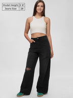 The Souled Store Denim: Amaranth Blue Women and Girls Buttoned Cotton Wide Leg Jeans