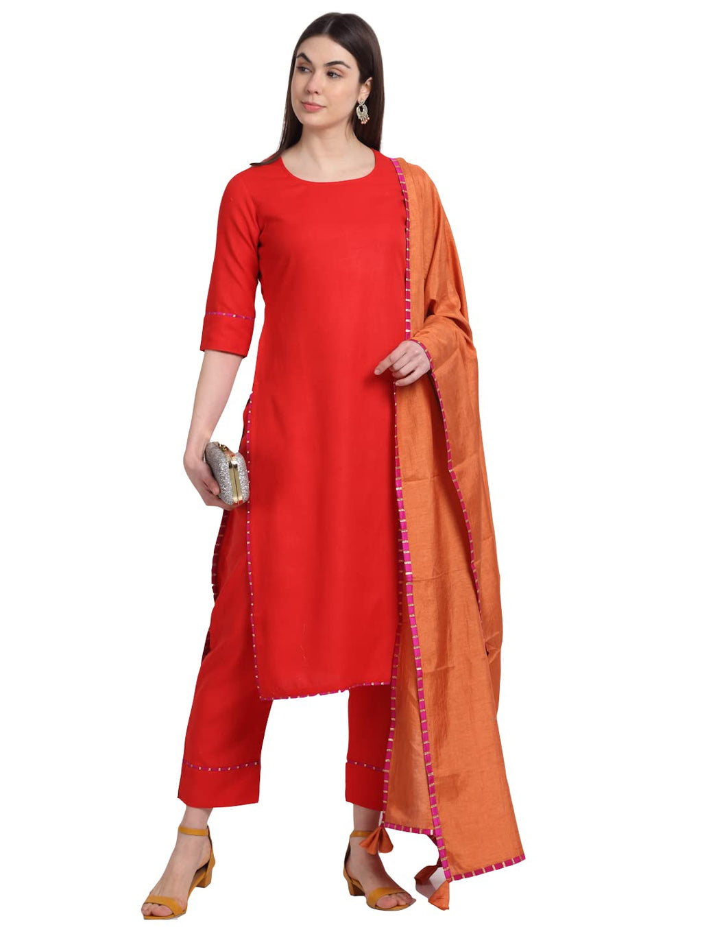ANNI DESIGNER Ladies Cotton Blend Kurta with Trousers and Dupatta, red, L