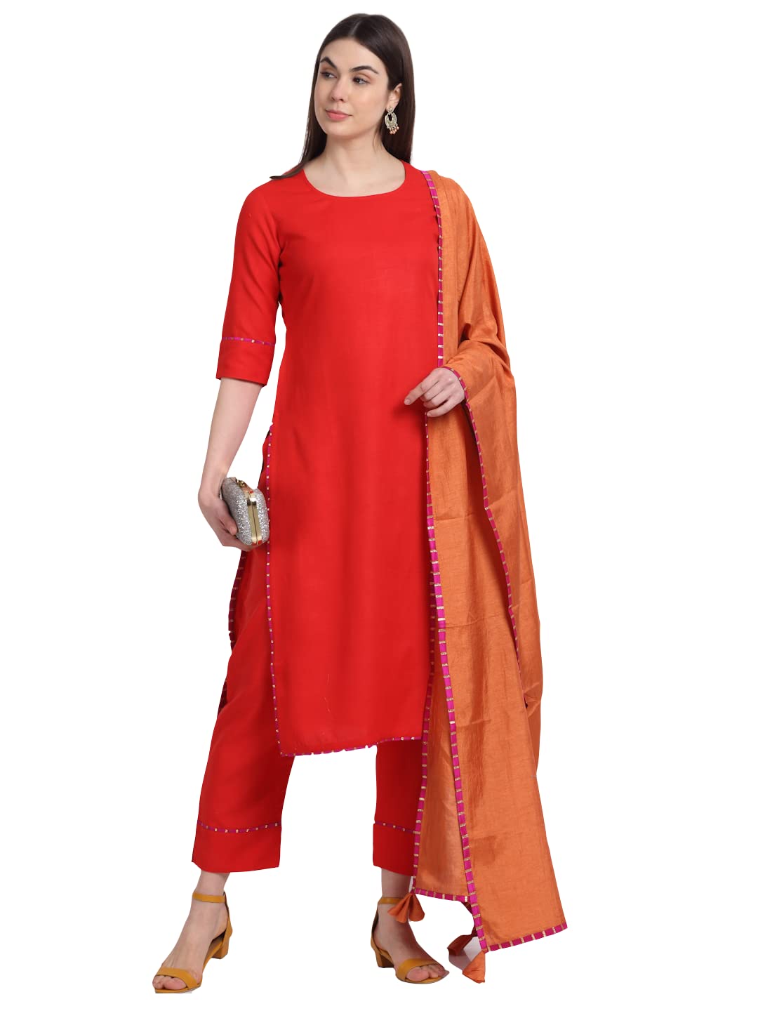ANNI DESIGNER Ladies Cotton Blend Kurta with Trousers and Dupatta, red, L