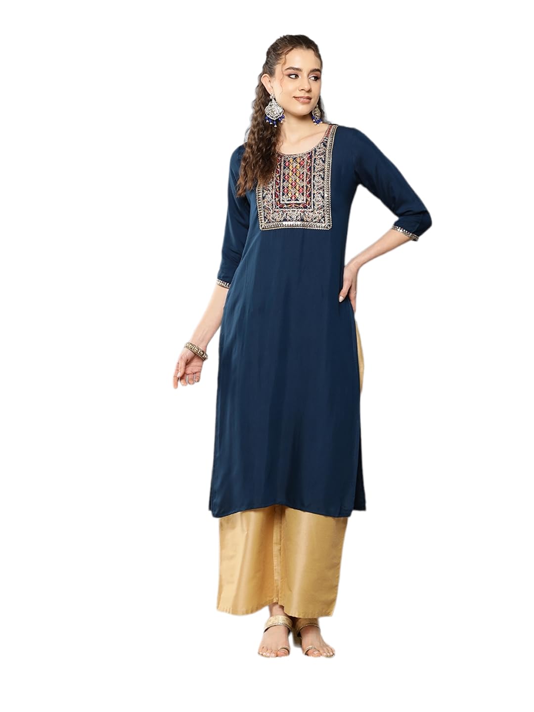Aarika Womens Navy Blue Colour Zari Thread Mirror Embroidery Cotton Kurti (M-3Xl)