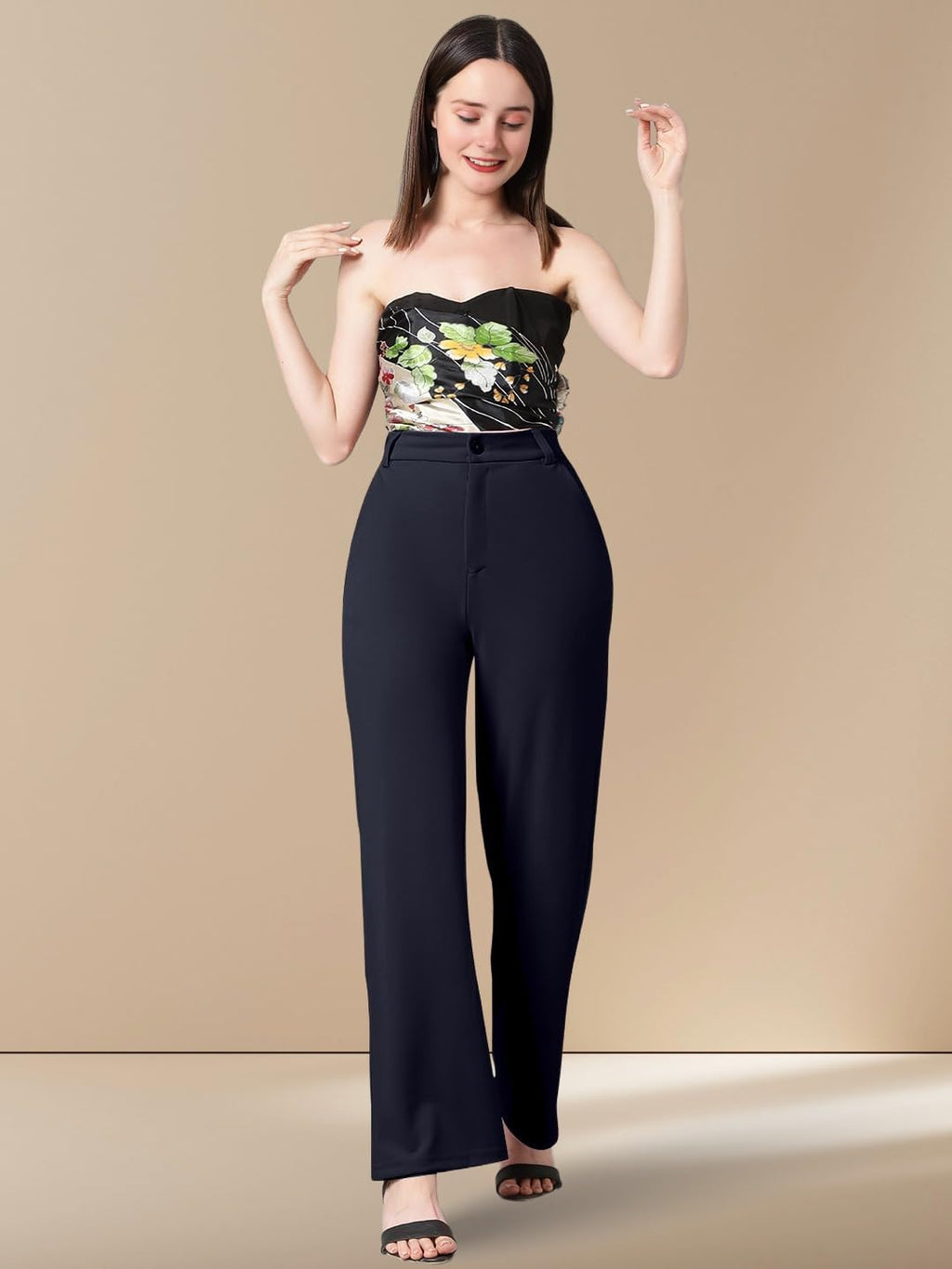 Kotty WomenS High Rise Cotton Blend Relaxed Fit Trousers Navy Blue