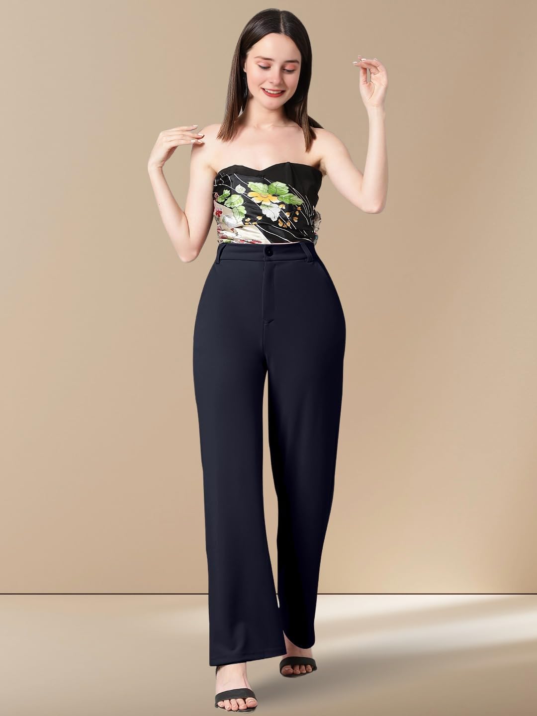 Kotty WomenS High Rise Cotton Blend Relaxed Fit Trousers Navy Blue