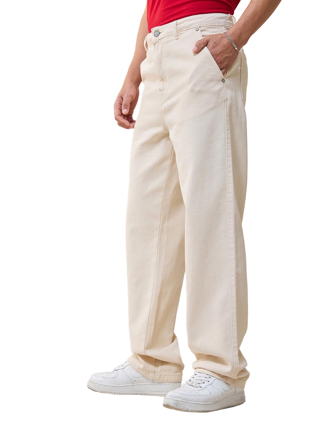 Bewakoof Mens Solid Regular Fit Cotton Baggy Jeans_624678_Beige_32