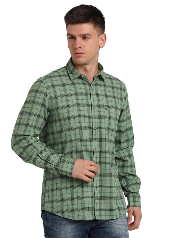 Turtle Men 100% Cotton Slim Fit Casual Check Light Green Shirt