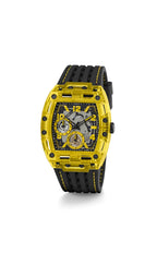 GUESS Men's 44mm Watch - Black Strap Black Dial Yellow Case