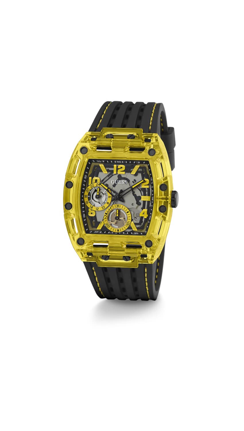 GUESS Men's 44mm Watch - Black Strap Black Dial Yellow Case