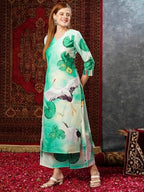 ANNI DESIGNER Womens Cotton Blend Straight Printed Kurta with Palazzo (Swans See Green-JL_L_See Green_Large)
