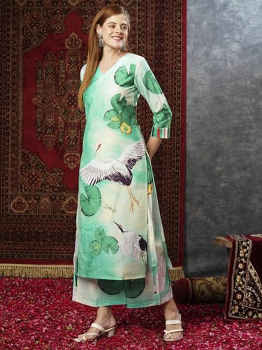 ANNI DESIGNER Womens Cotton Blend Straight Printed Kurta with Palazzo (Swans See Green-JL_XXL_See Green_XX-Large)