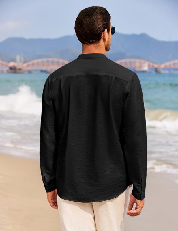Macsivo Cotton Blend Solid Casual Short Kurta For Men Long Sleeve Mandarin Collar Stylish Shirt Kurta For Men Black