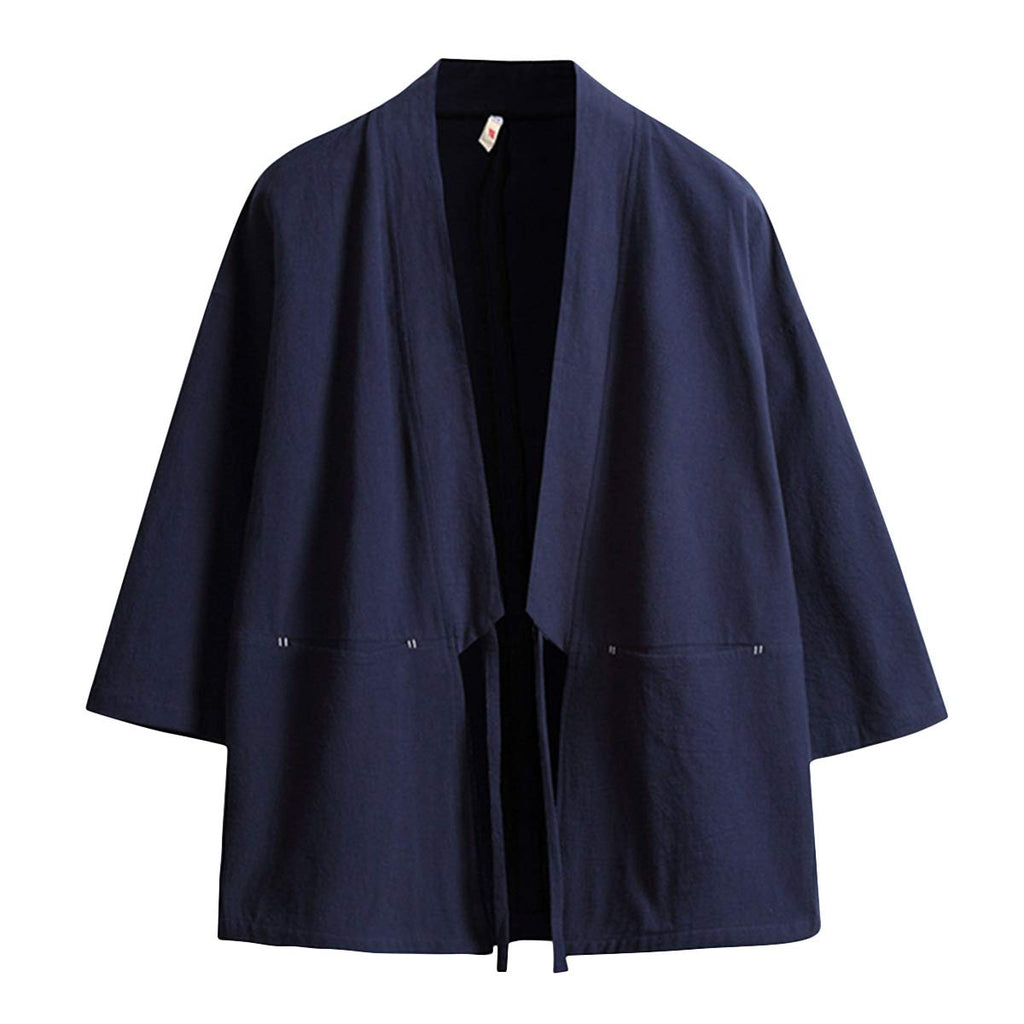 Haseil Men's Kimono Cardigan Japanese Jackets Casual Cotton 3/4 Sleeve Shirt Open Front Coat Lightweight Linen Yukata, Navy Blue