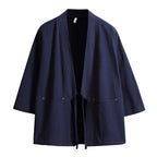 Haseil Men's Kimono Cardigan Japanese Jackets Casual Cotton 3/4 Sleeve Shirt Open Front Coat Lightweight Linen Yukata, Navy Blue