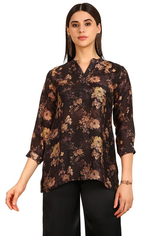 Soch Womens Black Floral Print Mandarin Collar Vicose Muslin Tunic