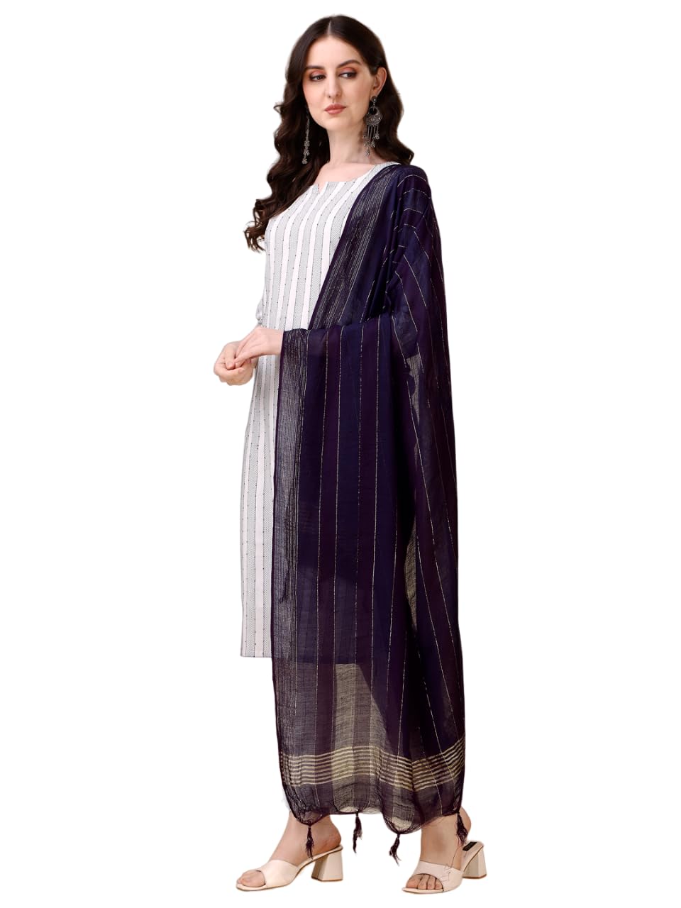 Fashion Basket Women Cotton Printed Kurta And Pant Set With Dupatta (Large, White)