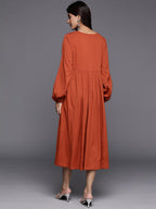Varanga Women Rust V-Neck A-Line Dress With Bishop Sleeves, Flared Hem - Stylish Casual Dress For Women, Comfortable Fashion, Ca