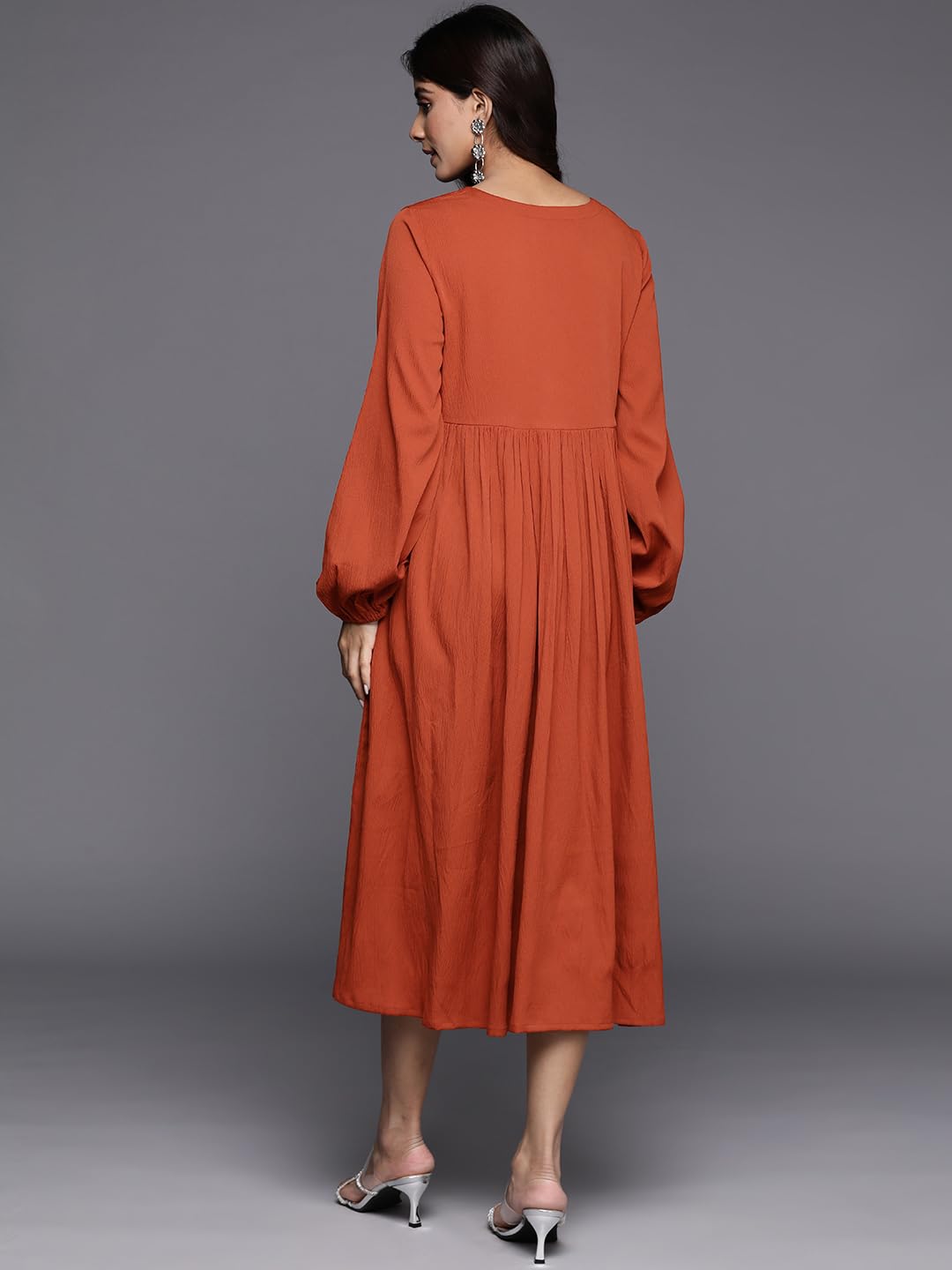 Varanga Women Rust V-Neck A-Line Dress With Bishop Sleeves, Flared Hem - Stylish Casual Dress For Women, Comfortable Fashion, Ca