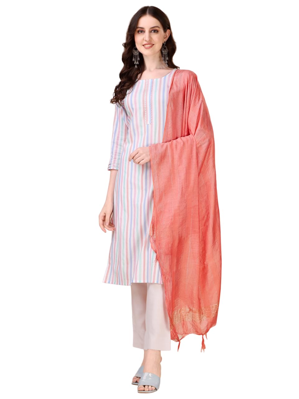 Fashion Basket Women Cotton Striped Printed Kurta Set With Pant & Dupatta (Medium, Multicolor)