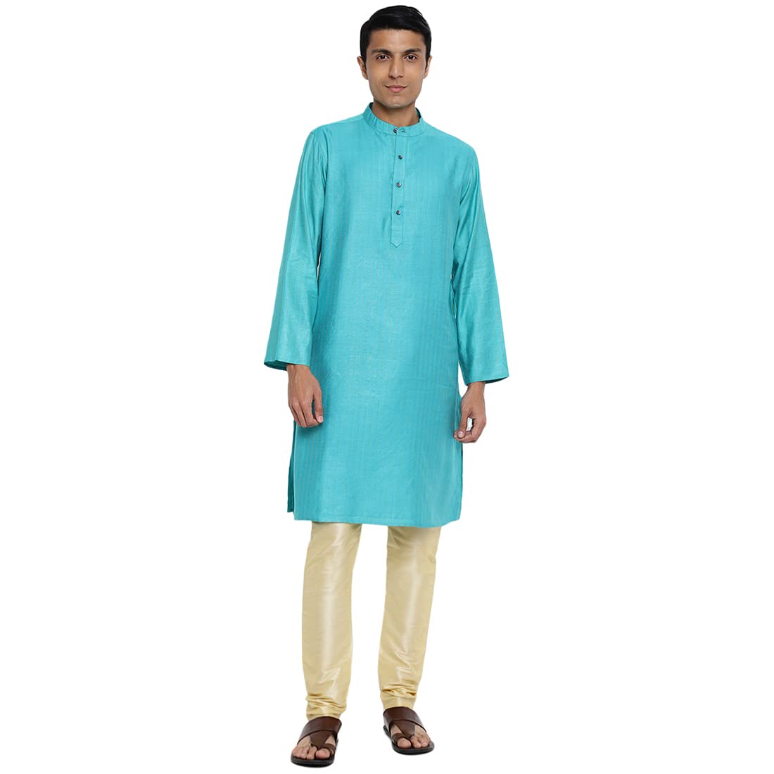 Fabindia Men Viscose Blend Striped Long Kurta Teal_M
