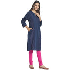 Fabindia Navy Blue Cotton Embroidered Knee Length Kurta