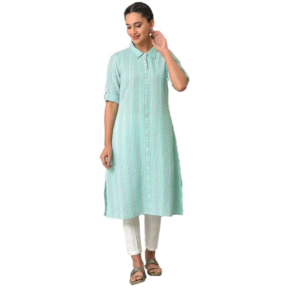 Aurelia WomenS Rayon Solid Regular Green A-Line Shirt Collar Kurta (23Fea13804-702949
