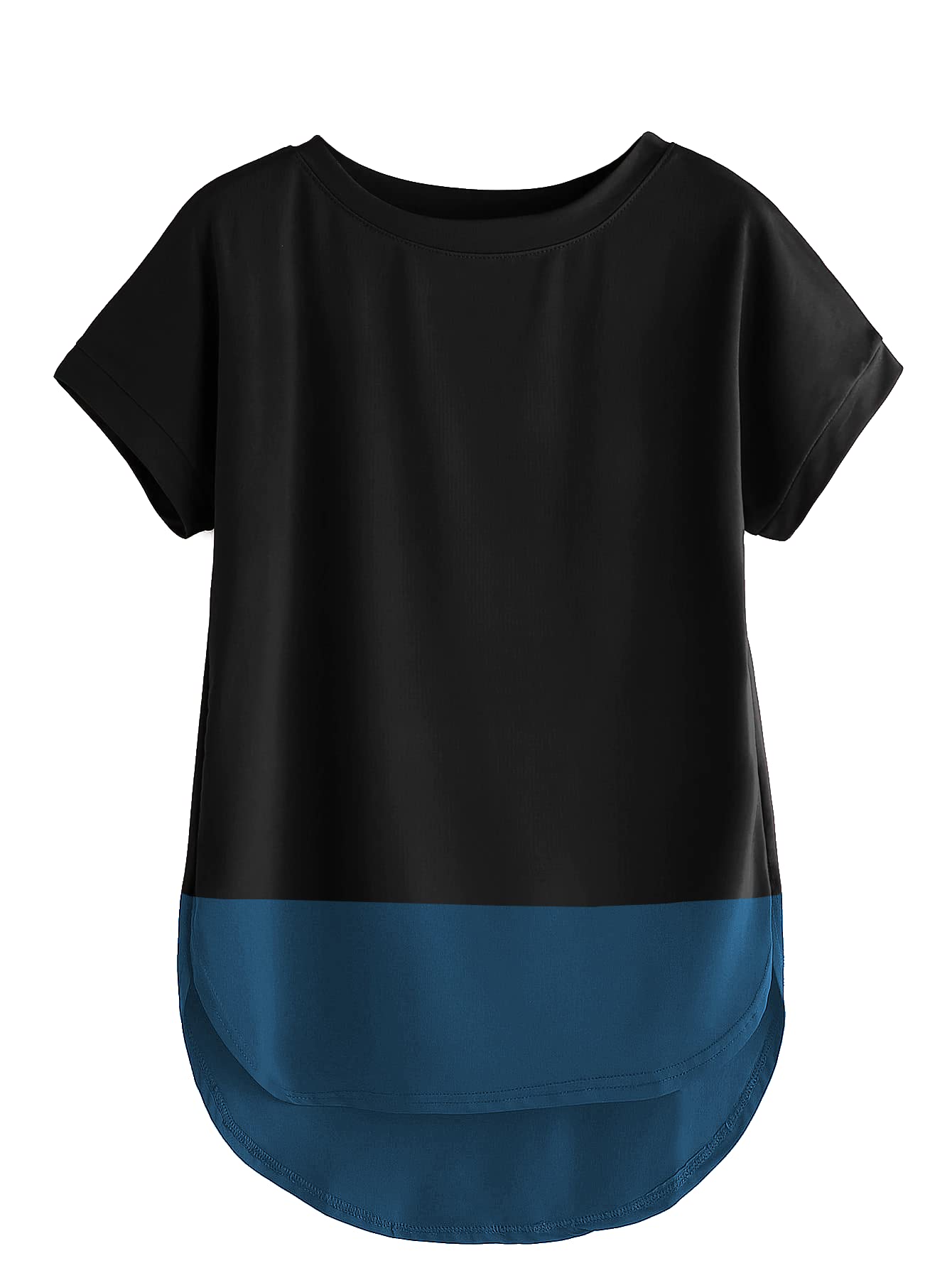 Fabricorn Womens Black & Airforce Blue Solid Regular Fit Short Sleeves T-Shirt, XXL Size