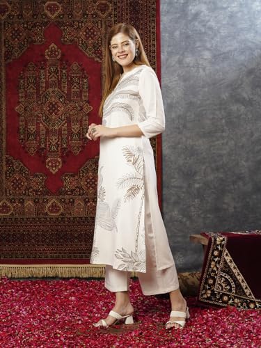 ANNI DESIGNER Womens Cotton Blend Straight Printed Kurta with Pant (Nenisha Cream-JL_XL_Cream_X-Large)