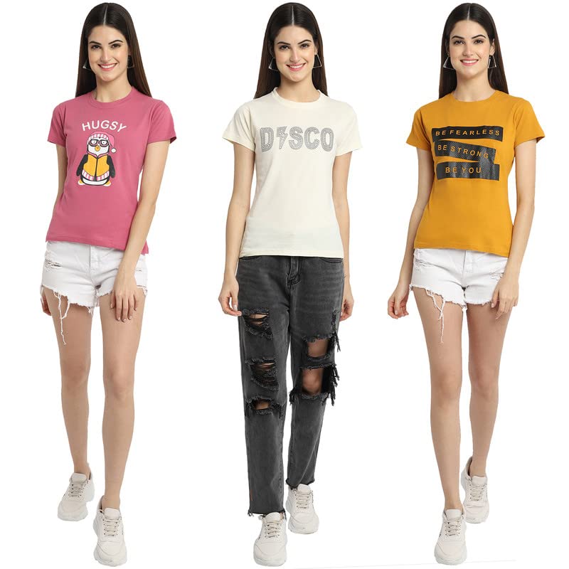 Preneum Womens Cotton Regular Fit Latest Graphic Stylish Printed Short Sleeves Casual T-Shirt || Latest Trendy & Styles (Pack 3