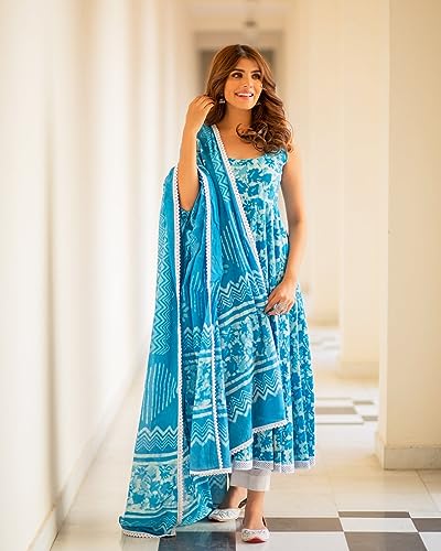 ANNI DESIGNER Womens Cotton Blend Anarkali Printed Kurta with Pant & Dupatta (Kalishta Sky Blue_L_Sky Blue_Large)