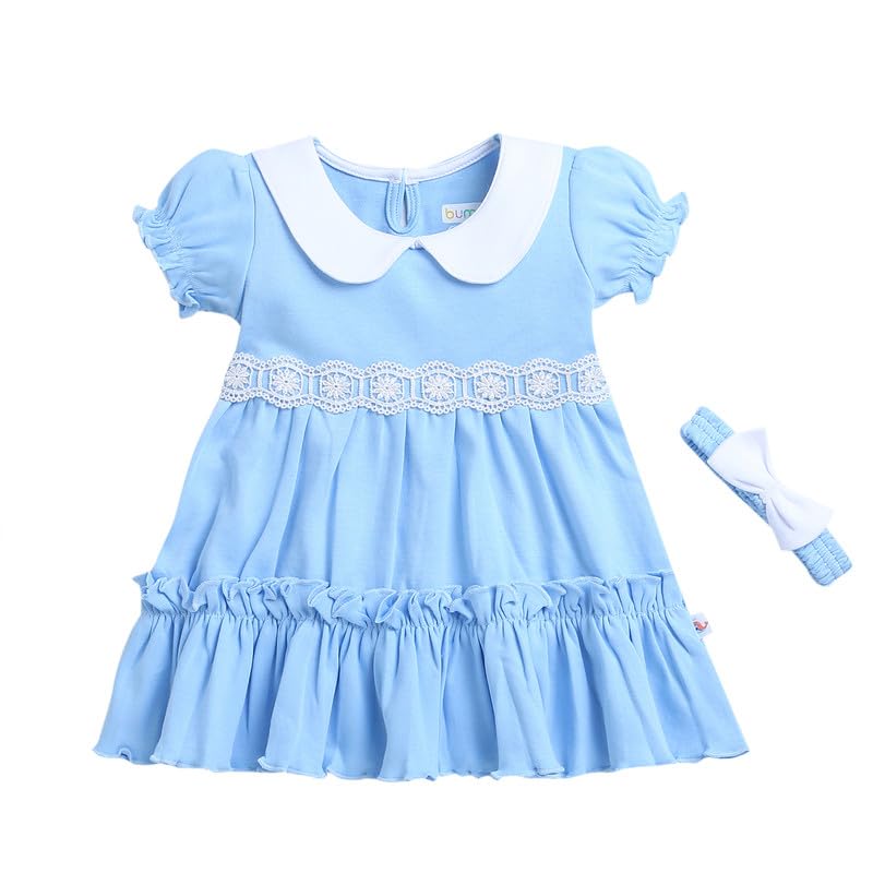 BUMZEE Sky Blue Girls Half Sleeves Knee-Length Cotton Frock with Headband Age - 3-6 Months (Peb9063B-Sbl)