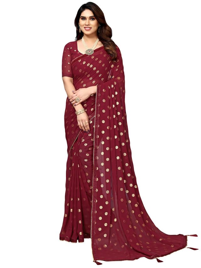 Satrani Womens Georgette Foil Printed & Lace Saree with Unstitched Blouse Piece (3184S2261NA_Maroon2)