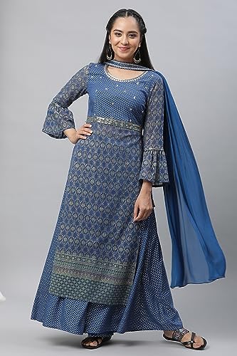Aurelia Women Bright Blue Polyester Straight Kurta, Palazzos, Dupatta Suit Set_23Auas13830-507590