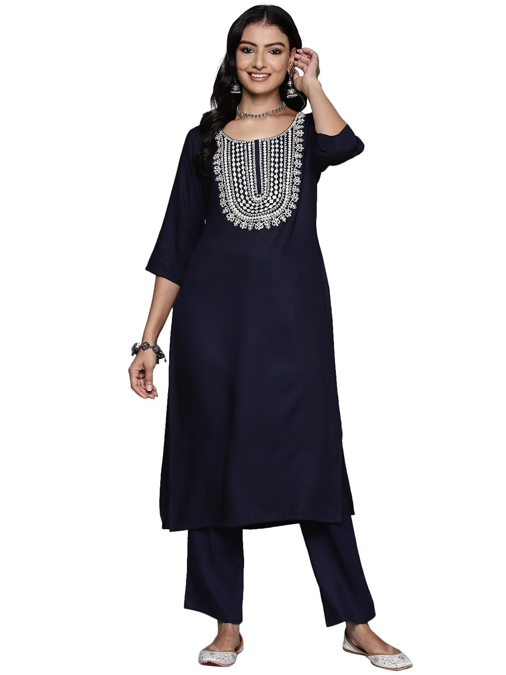 Libas Womens Yoke Design Wool Straight Kurta With Trousers