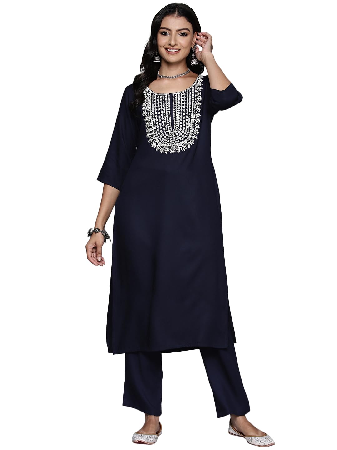 Libas Womens Yoke Design Wool Straight Kurta With Trousers