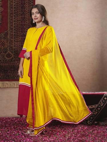 ANNI DESIGNER Womens Cotton Blend Straight Solid Kurta with Pant & Dupatta (PANAI Yellow_XL_Yellow_X-Large)