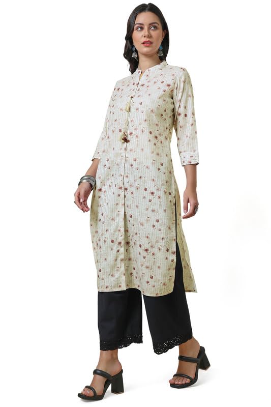 Soch Womens Off White Mandarin Collar Linen Blend Printed Kurta