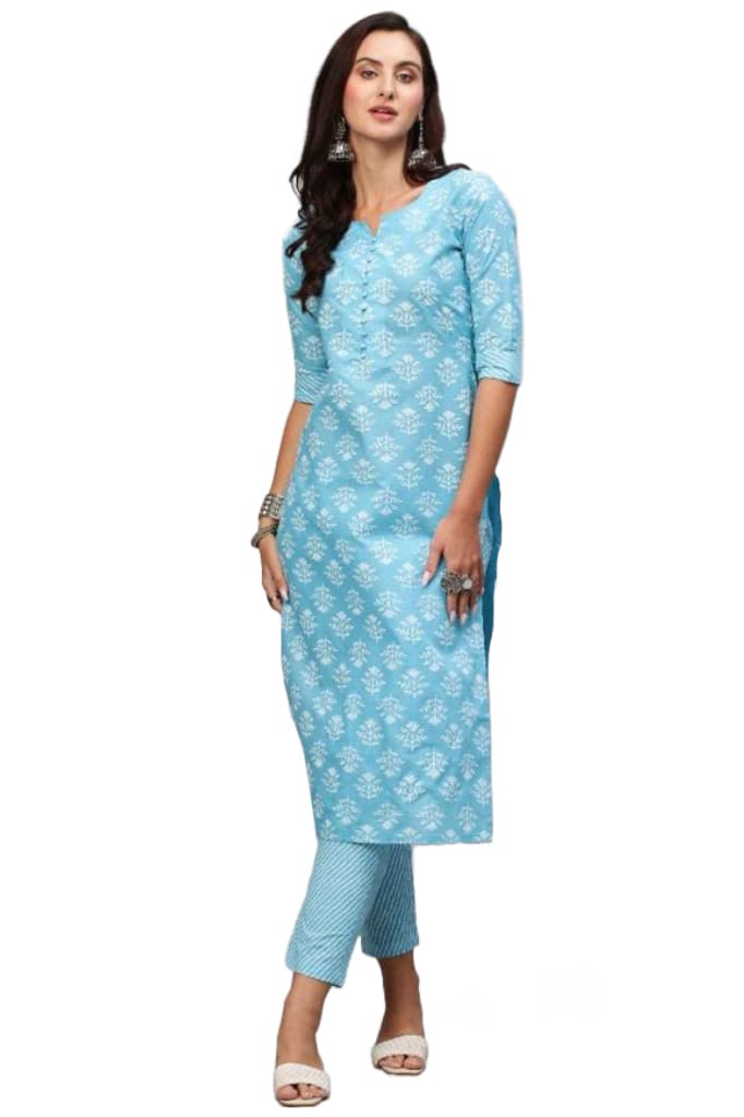 ANNI DESIGNER Women's Cotton Blend Printed Straight Kurta with Pant (KIDYA BLUE-NwFB08_XL_Blue_X-Large)