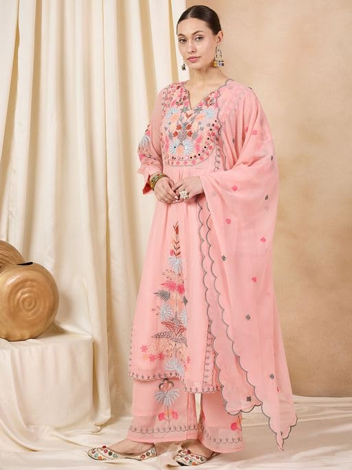 Wedani Goergette Embroidered Kurta Set for Women Peach