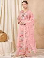 Wedani Goergette Embroidered Kurta Set for Women Peach