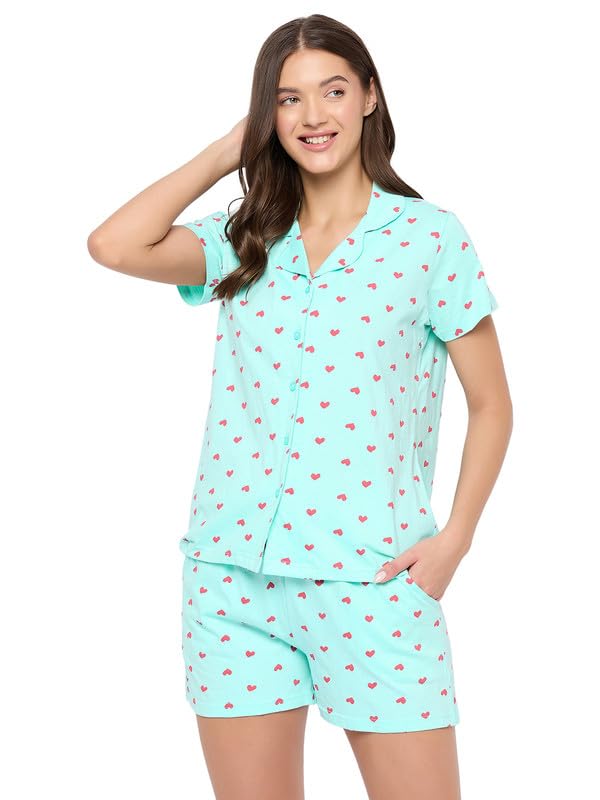 Clovia WomenS Cotton Printed Shirt & Shorts Set (Ls5094H03_Blue_Xxl)