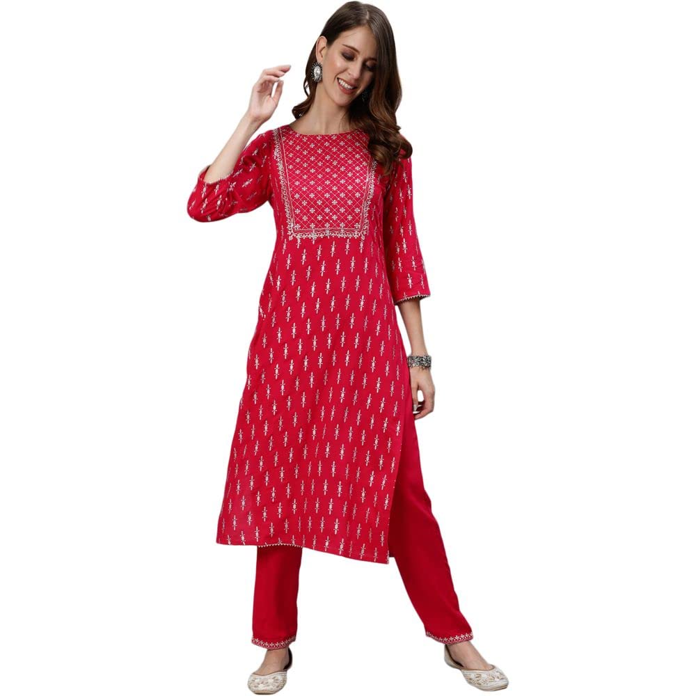Anubhutee Women'S Red Ethnic Motifs Yoke Design Regular Straight Kurta Suit Set With Pants (Anu2001973L)