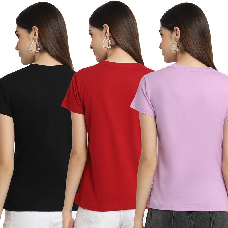 Preneum Womens Cotton Regular Fit Latest Graphic Stylish Printed Short Sleeves Casual T-Shirt (Pack 3), Black & Red & Purple, X