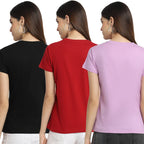 Preneum Womens Cotton Regular Fit Latest Graphic Stylish Printed Short Sleeves Casual T-Shirt (Pack 3), Black & Red & Purple, X