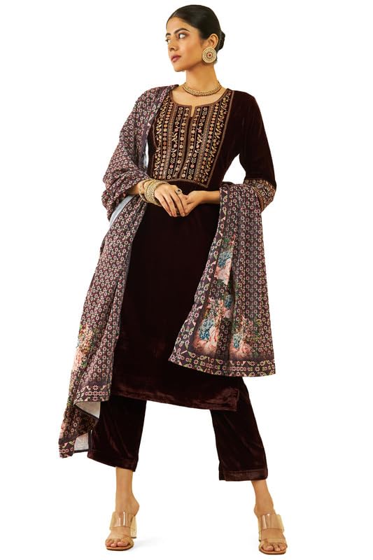 Soch Women Velvet Floral Embroidered Suit Set with Printed Dupatta