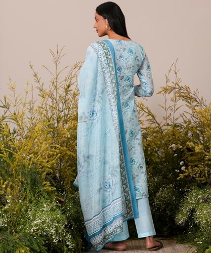Libas Womens Printed Linen Straight Kurta With Trousers And Dupatta