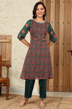 W For Woman Green Floral Printed Dori Embroidered Chiffon Kurta With Attached Lining