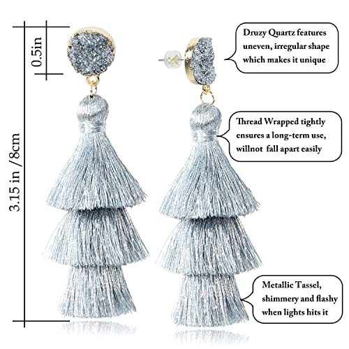 Me&Hz Layered Silver Tassel Earrings for Women Dangling parkling Long Statement Metallic Silver Fringe Earrings Bohemian Birthda
